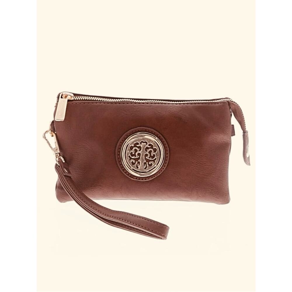 Mia K Farrow Collection Cognac Brown Wristlet Clutch Gold Hardwa